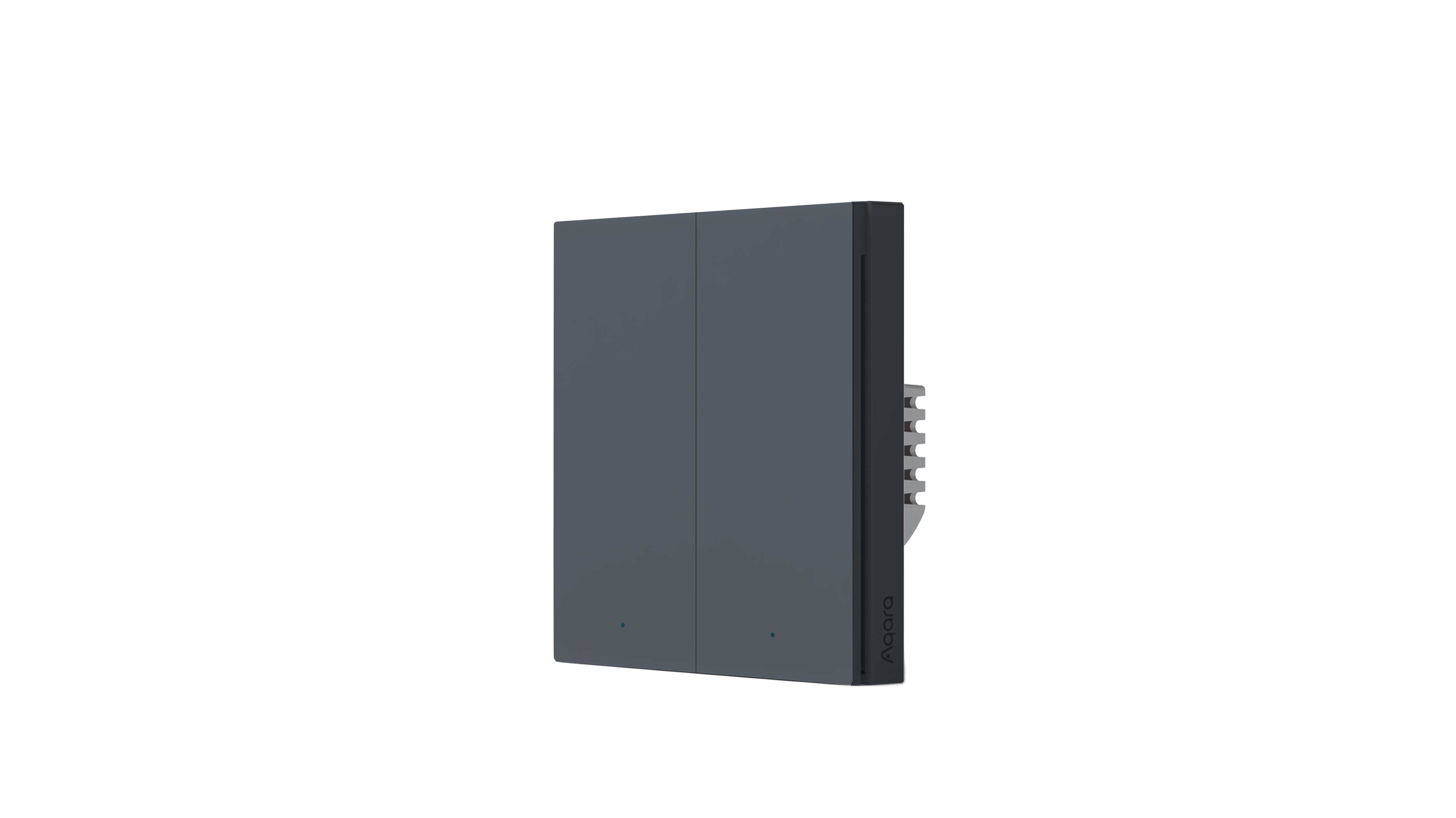 Ein dunkelgrauer Aqara Smart Switch wird gezeigt. Er hat zwei Knöpfe und kleine Kontrollleuchten auf der Vorderseite.
