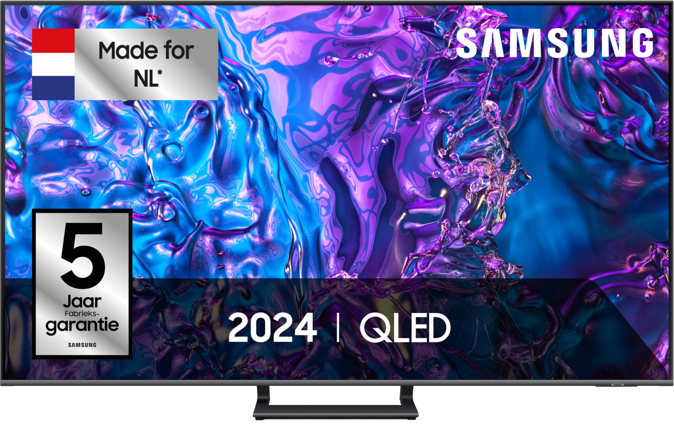Samsung QLED TV. Kenmerken zijn 'Made for NL', Nederlandse vlag en 5 jaar garantie. Het is een 2024-model.