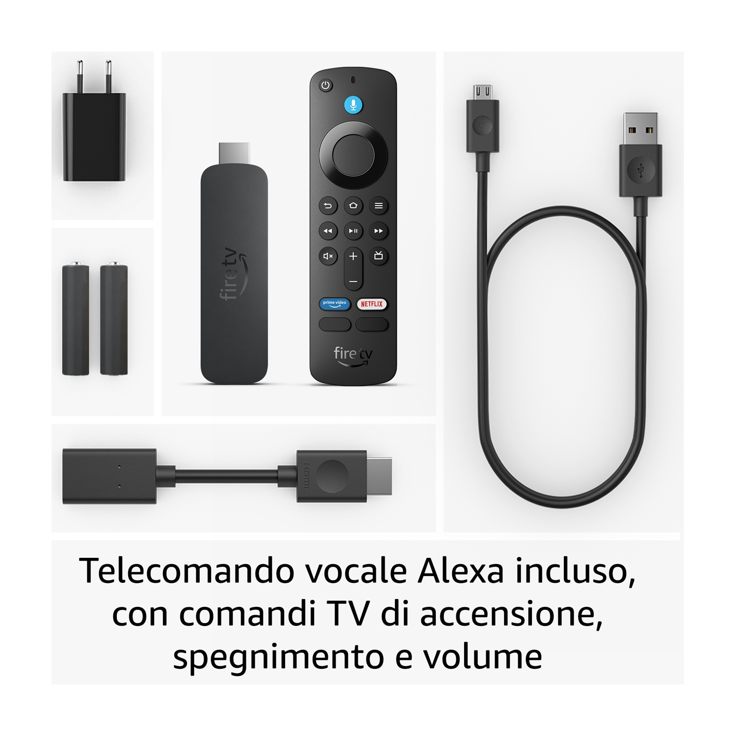 L'immagine mostra un telecomando Fire TV, un stick e accessori. Include un caricabatterie, batterie e cavi. Testo: Telecomando vocale Alexa incluso.