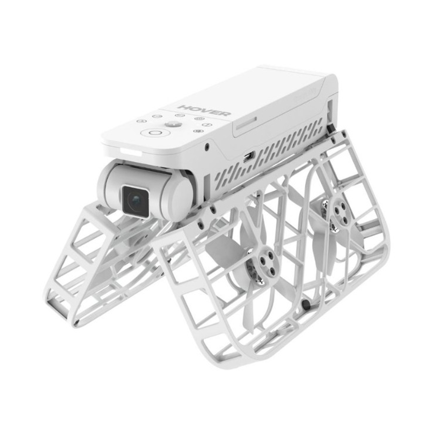 Un drone bianco con la scritta HOVER in alto. Ha una telecamera, eliche e una gabbia protettiva.