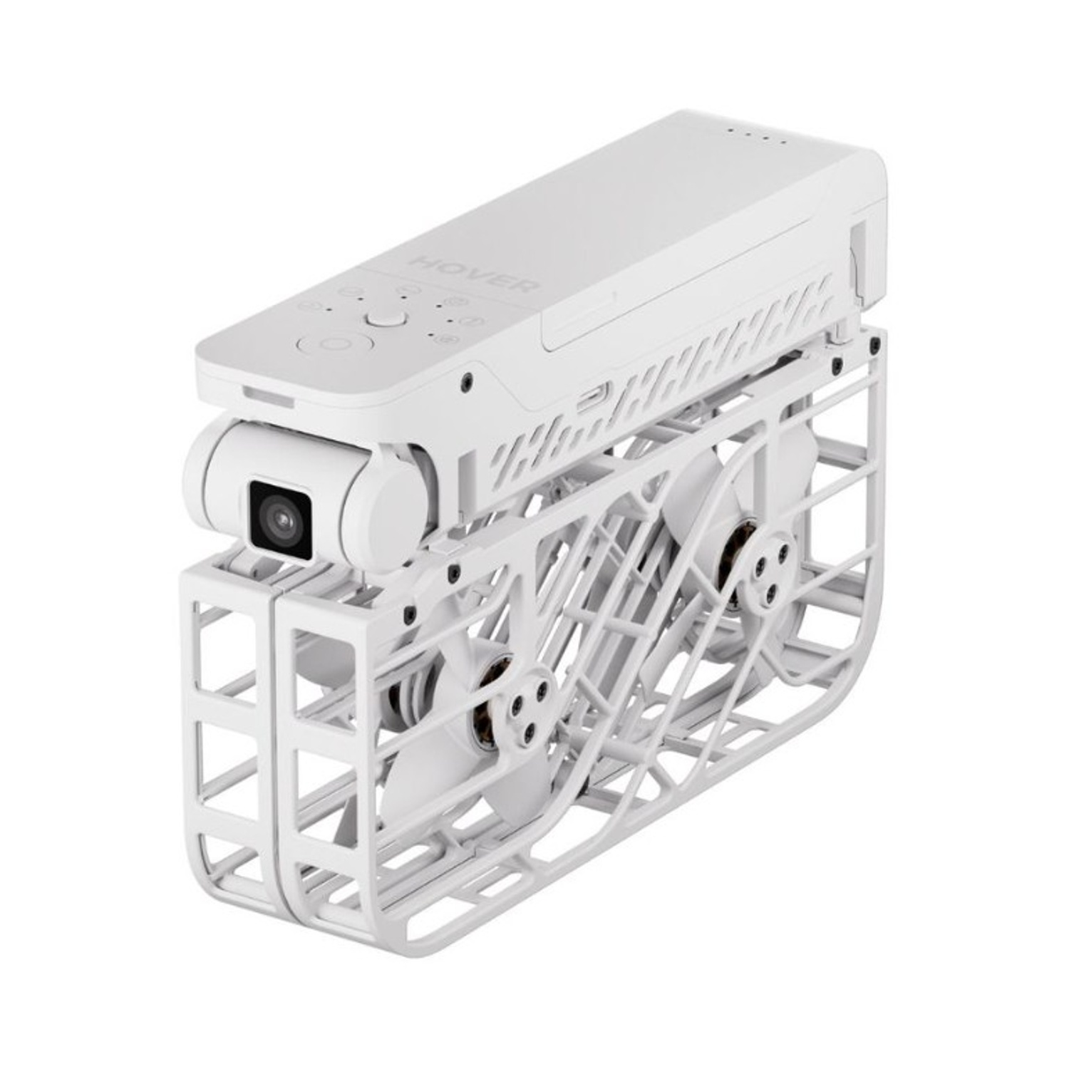 Un drone bianco con la scritta HOVER in alto. Ha una fotocamera ed è racchiuso in un telaio protettivo bianco, eliche visibili.