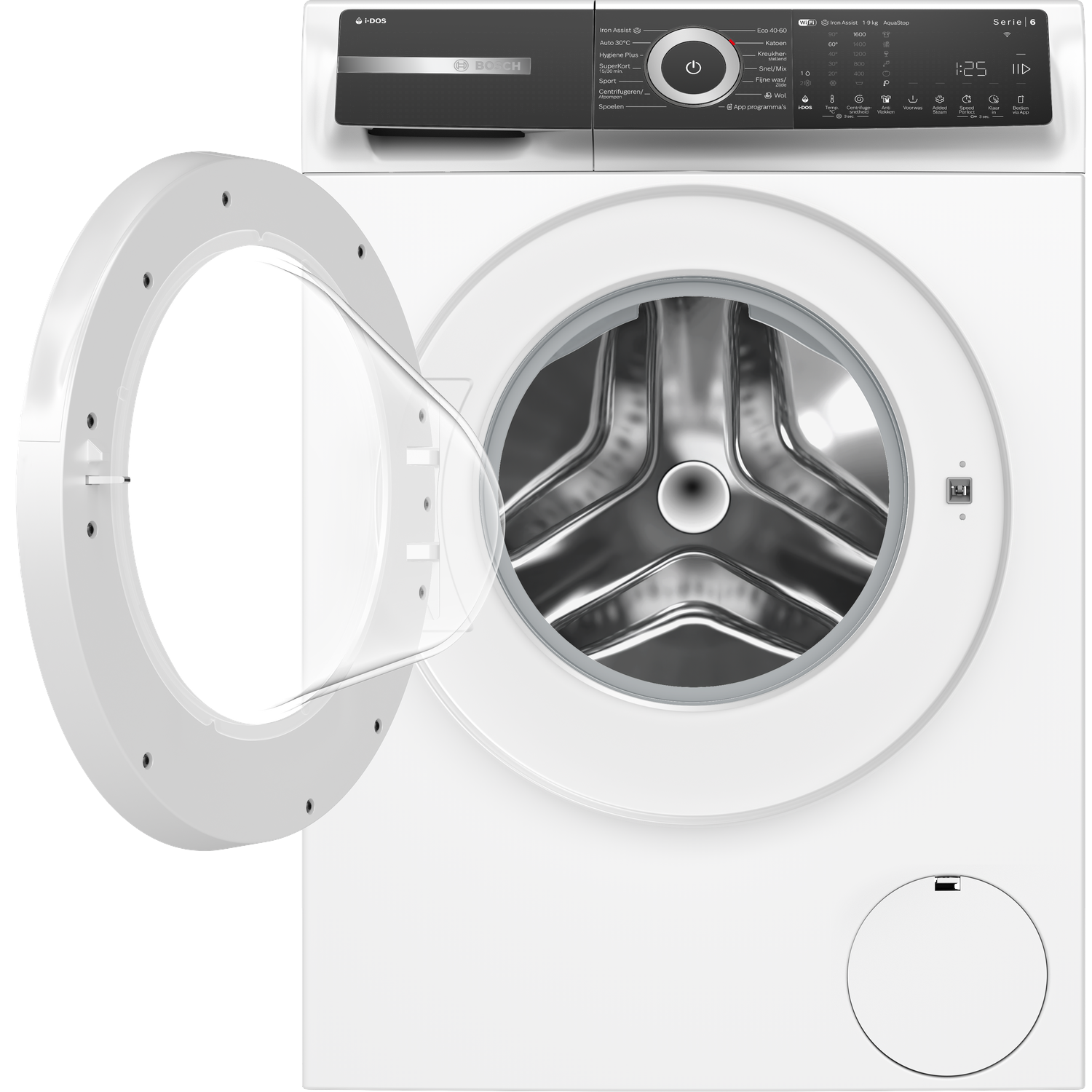 Een witte Bosch wasmachine met een open deur. Het bedieningspaneel staat bovenop. Een draaiknop en een scherm zijn zichtbaar.