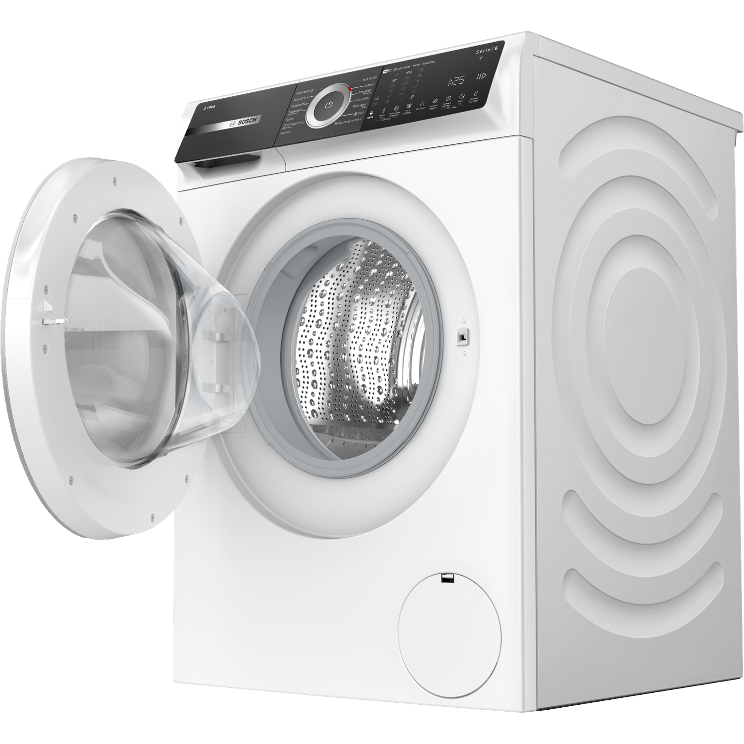 Een witte Bosch wasmachine met de deur open, waardoor de trommel zichtbaar is. Het bedieningspaneel bevindt zich bovenop. De machine staat op een witte achtergrond.