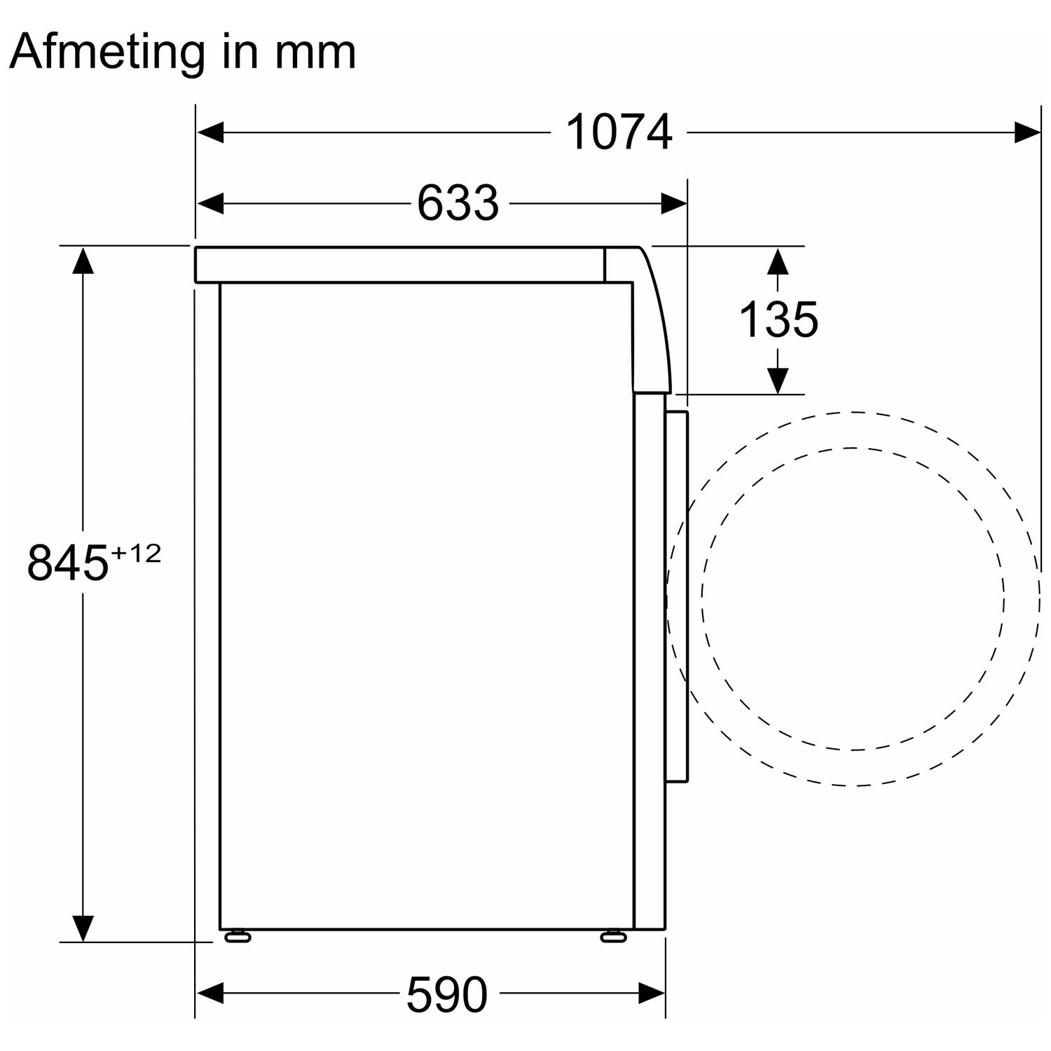 Zijaanzicht van een machine met afmetingen in mm. Toont hoogte, breedte en diepte met gemarkeerde afmetingen. Een gestippelde cirkel staat rechts.