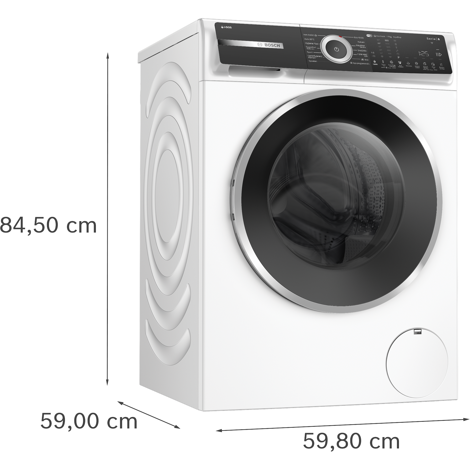 Een witte Bosch wasmachine, met afmetingen weergegeven. Voorzien van een zwarte deur, bedieningspaneel en een klein rond toegangspaneel aan de onderkant.