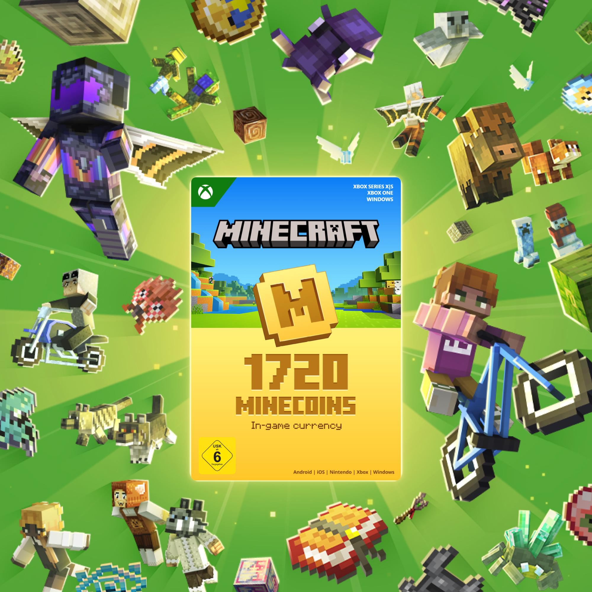 Minecraft-Spielcover mit Charakteren und Logo. Enthält Minecoins-Details und Bewertung. Grüner Hintergrund mit schwebenden Figuren.