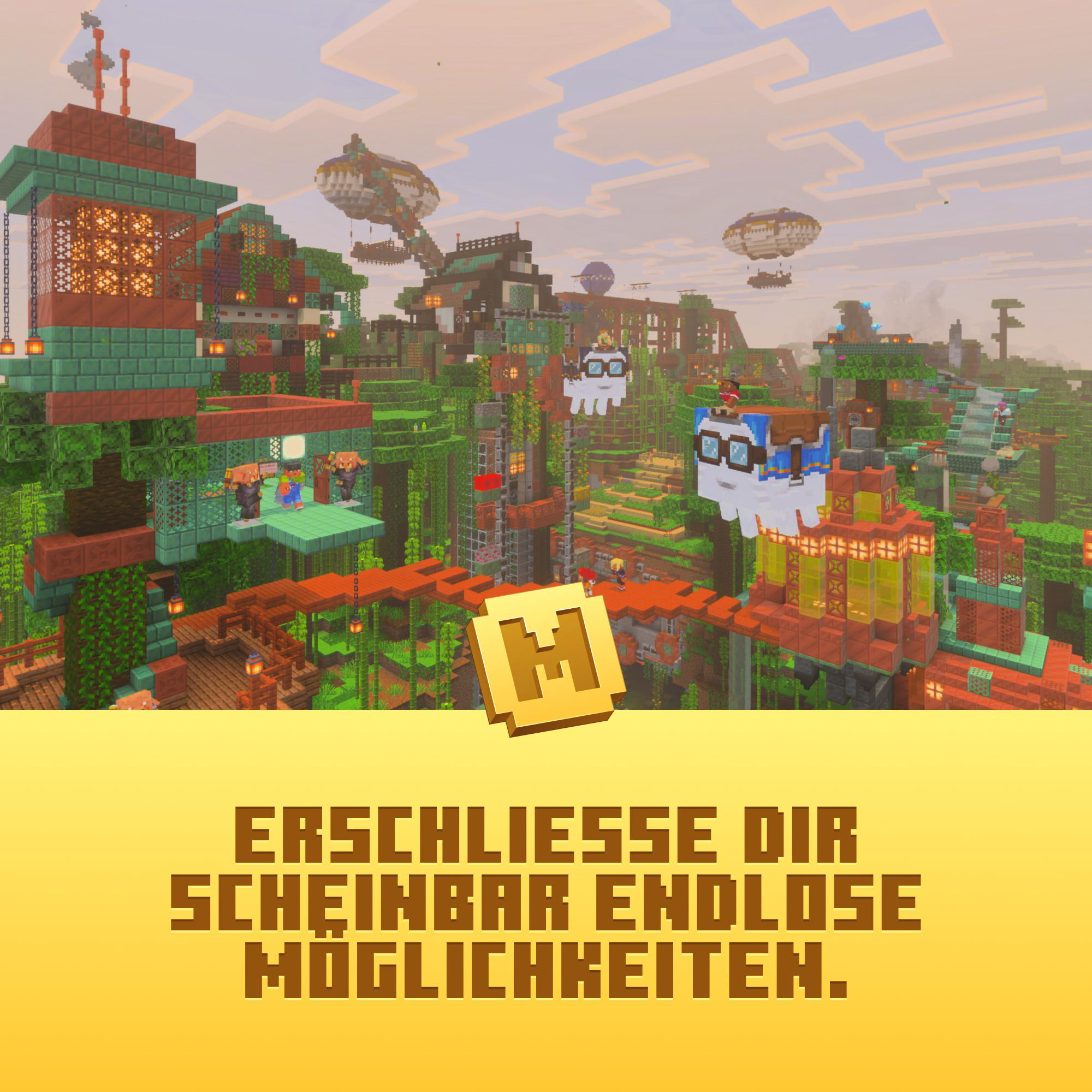 Minecraft-Stadt mit Gebäuden, Luftschiffen und schwebenden Geisterfiguren. Unten ein goldenes 'M'-Logo.