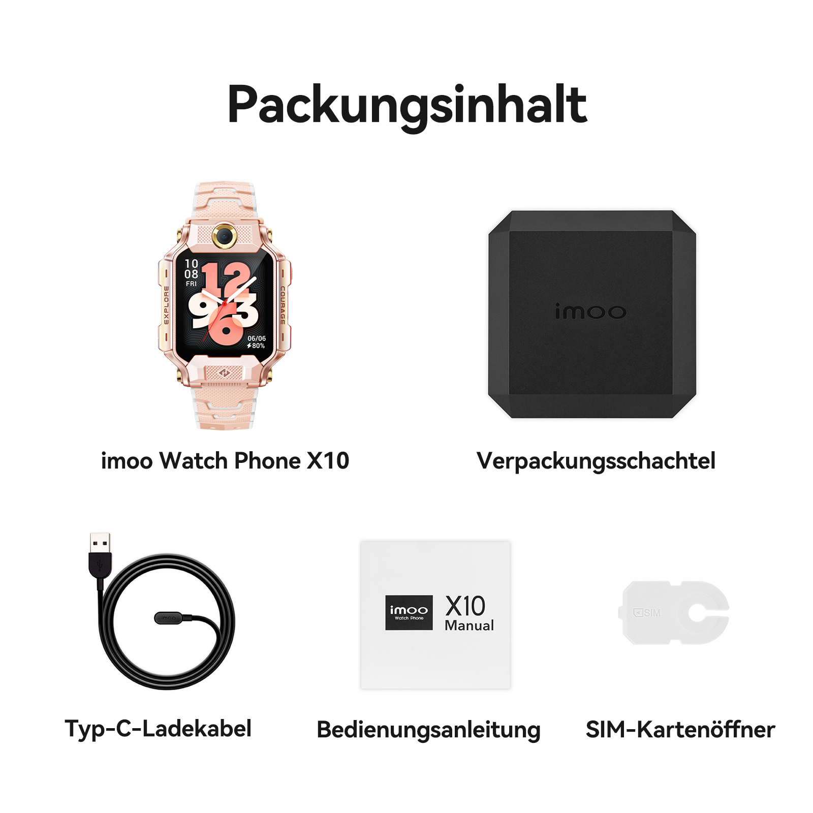 Das Bild zeigt eine Smartwatch, eine Box, ein Kabel, ein Handbuch und einen SIM-Kartenöffner.