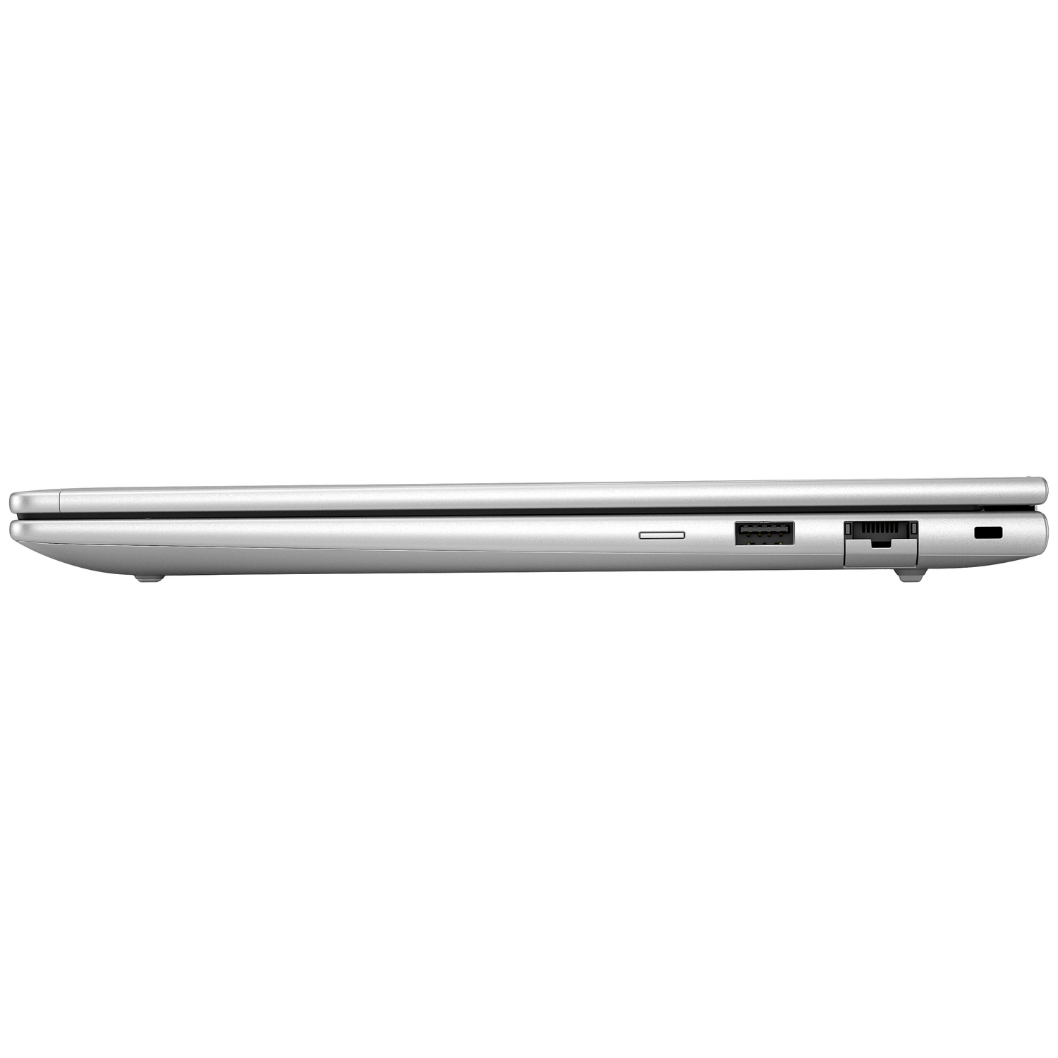 Side view of a silver laptop. Visible ports include USB, SD card slot, and power port. The laptop is closed.