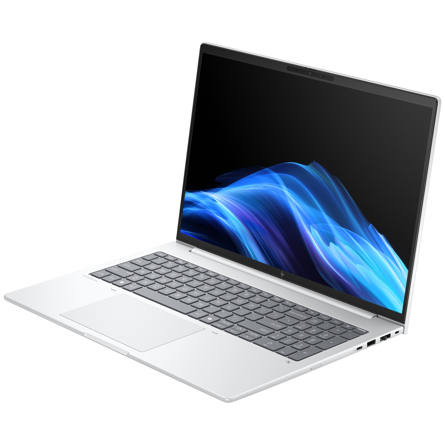 A silver HP EliteBook laptop is open, displaying a blue abstract design on the screen. The keyboard and touchpad are visible.