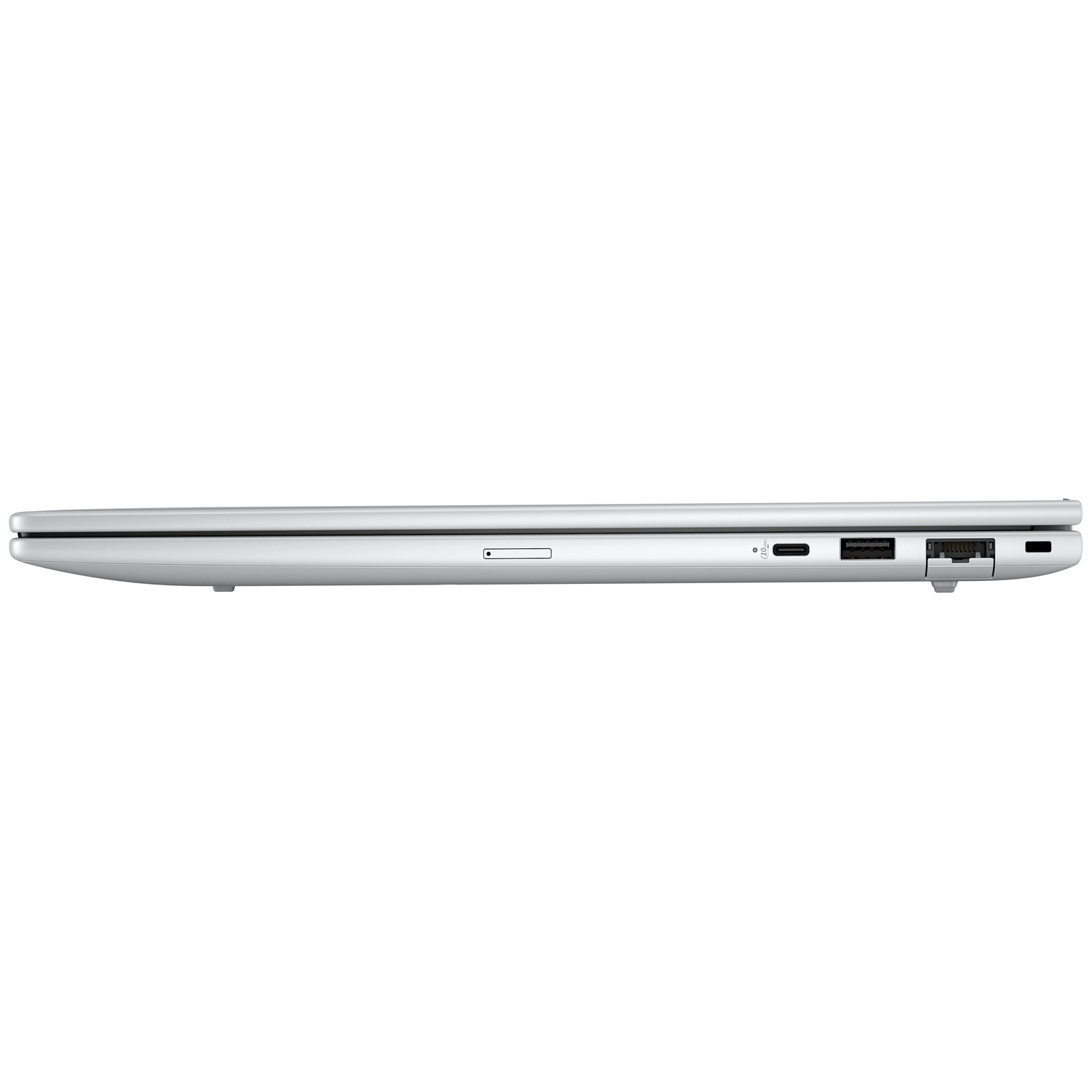Side view of a silver laptop. Visible ports include SD card, USB-C, USB, and an ethernet port. The laptop is closed.