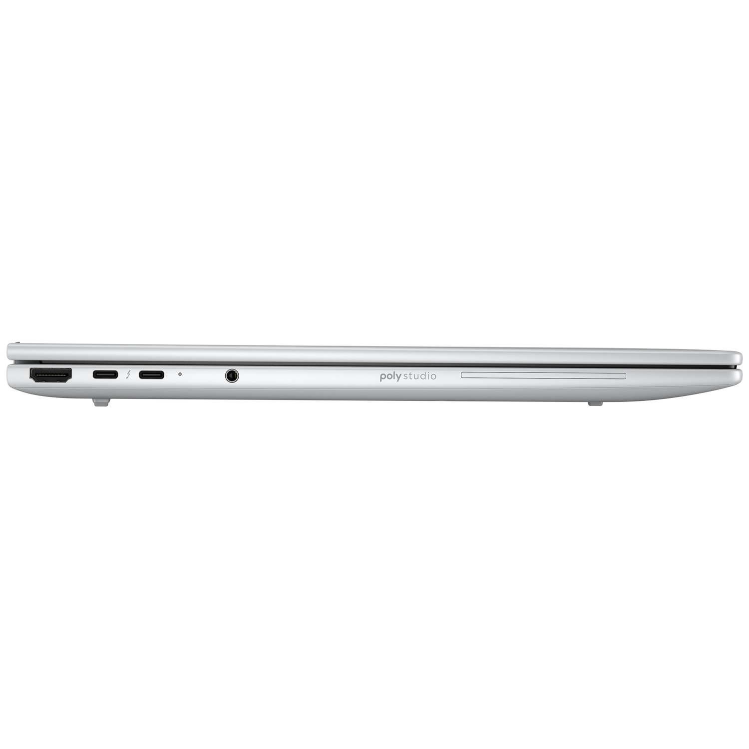 Side view of a silver laptop. Ports include HDMI, USB-C, and audio jack. The brand "poly studio" is visible.