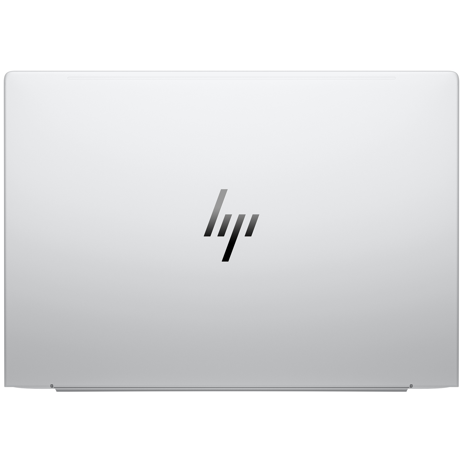 The back of a silver HP laptop. The HP logo is in the center. The laptop is on a white background.