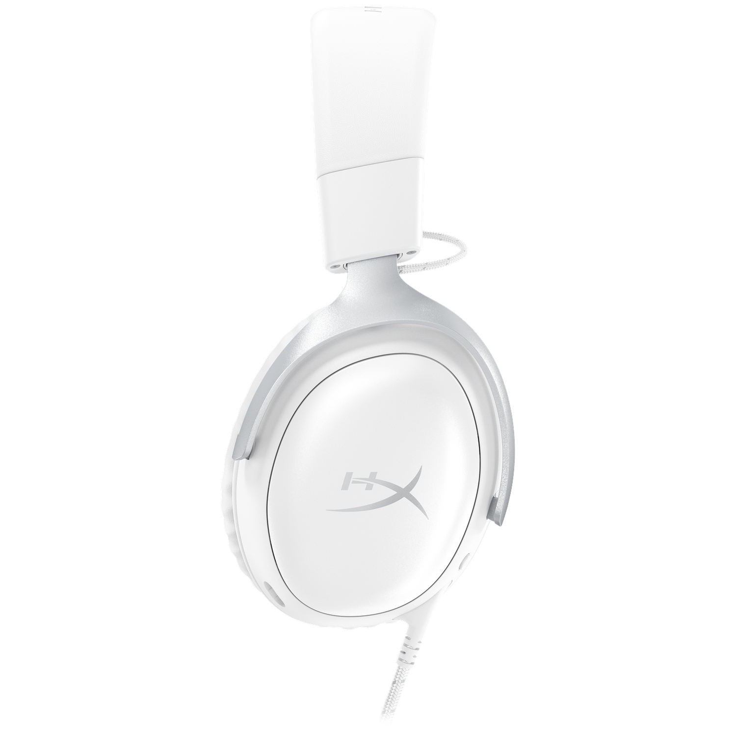 A white HyperX gaming headset, with the brand logo on the ear cup. It has a headband and a braided cable.