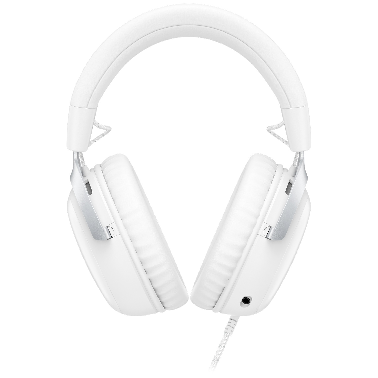 White headphones with a padded headband and earcups, silver accents, and a white and grey braided cord.