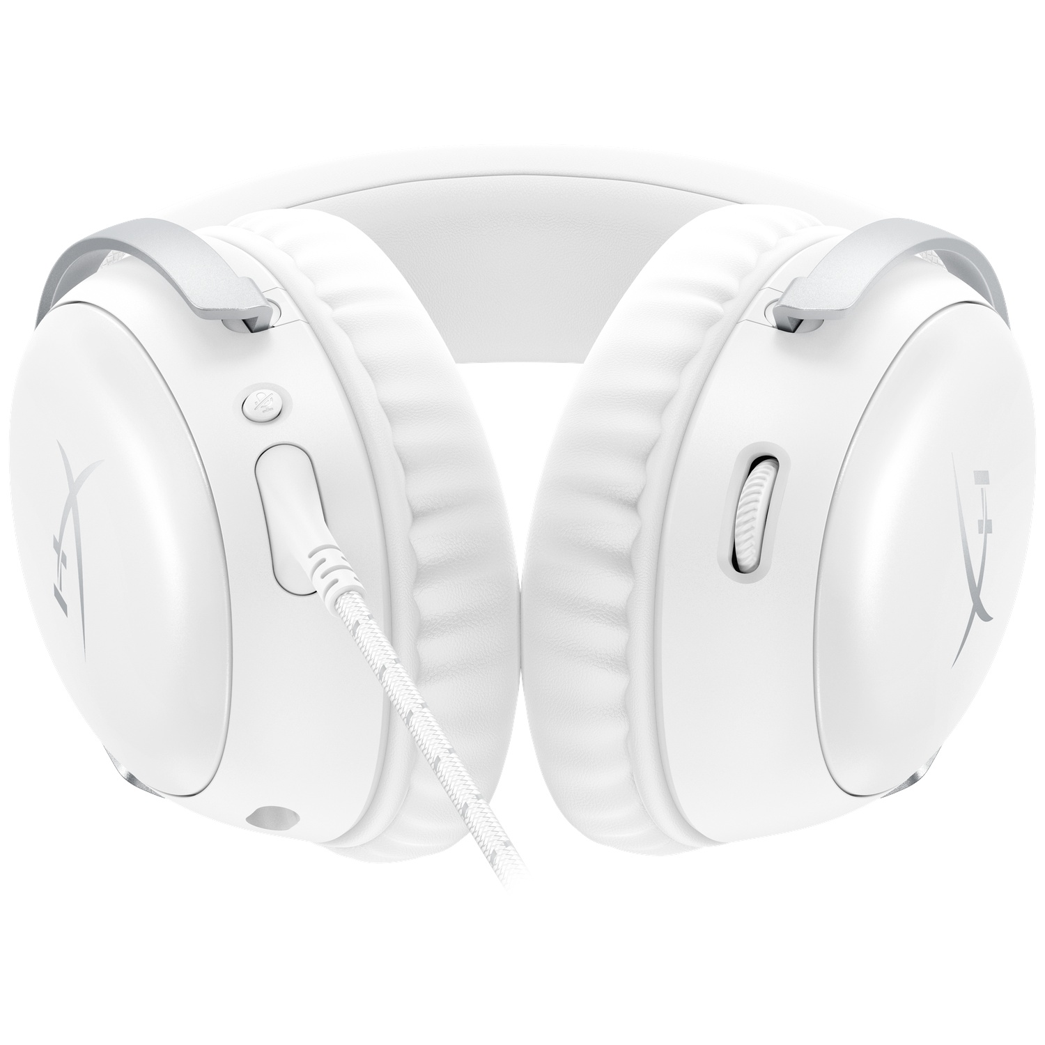 White over-ear headphones with silver accents. The earcups are cushioned, and a white and grey cable extends from the left earcup.