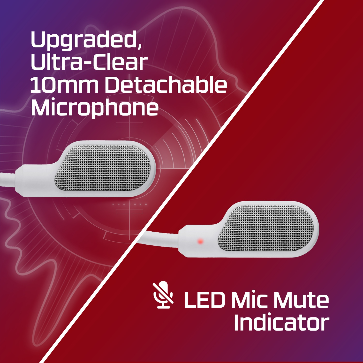 Image features a white detachable microphone with a mesh cover. Text highlights features, and a LED mic mute indicator is shown.