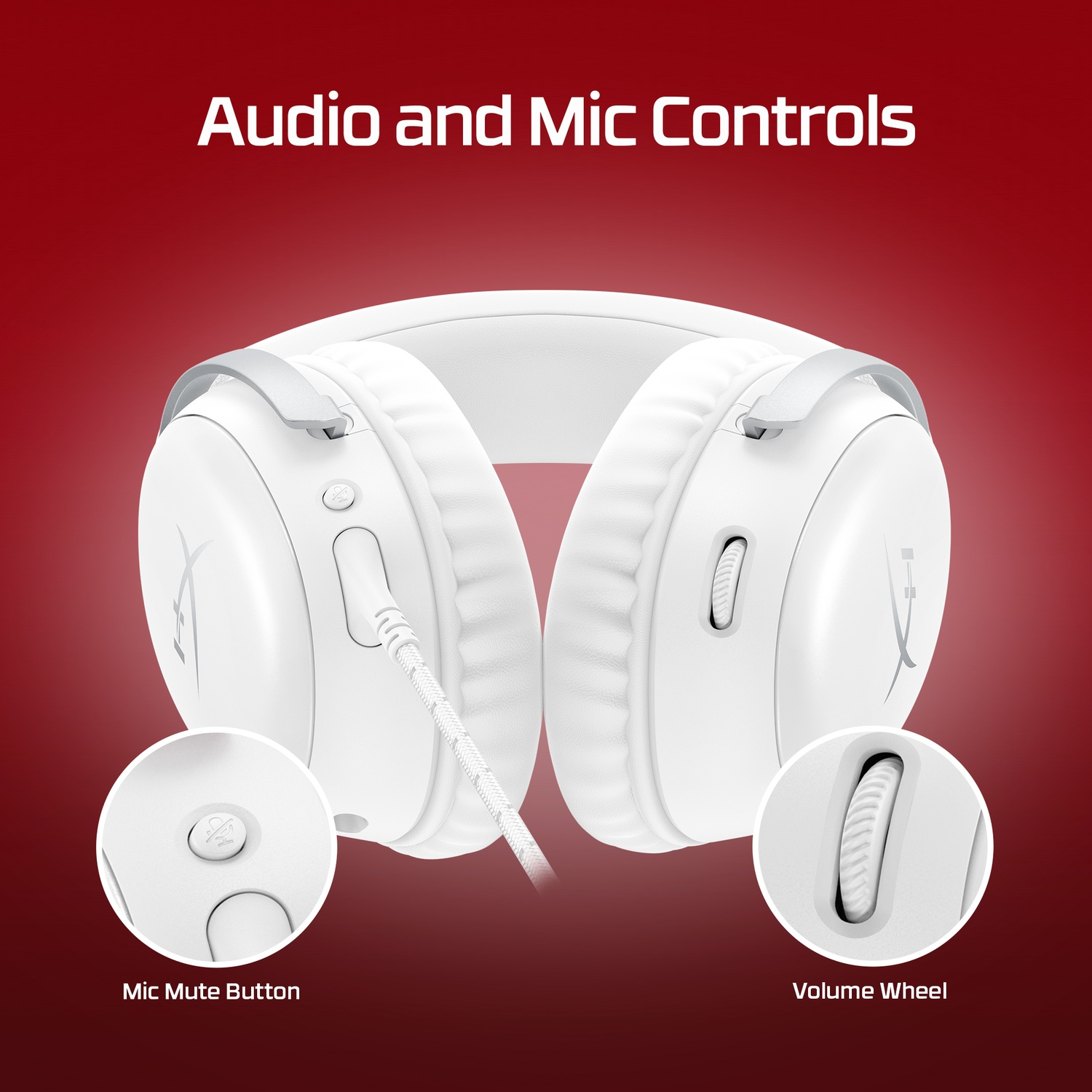 White headphones with audio and mic controls are displayed against a red background. Features include a mic mute button and volume wheel.
