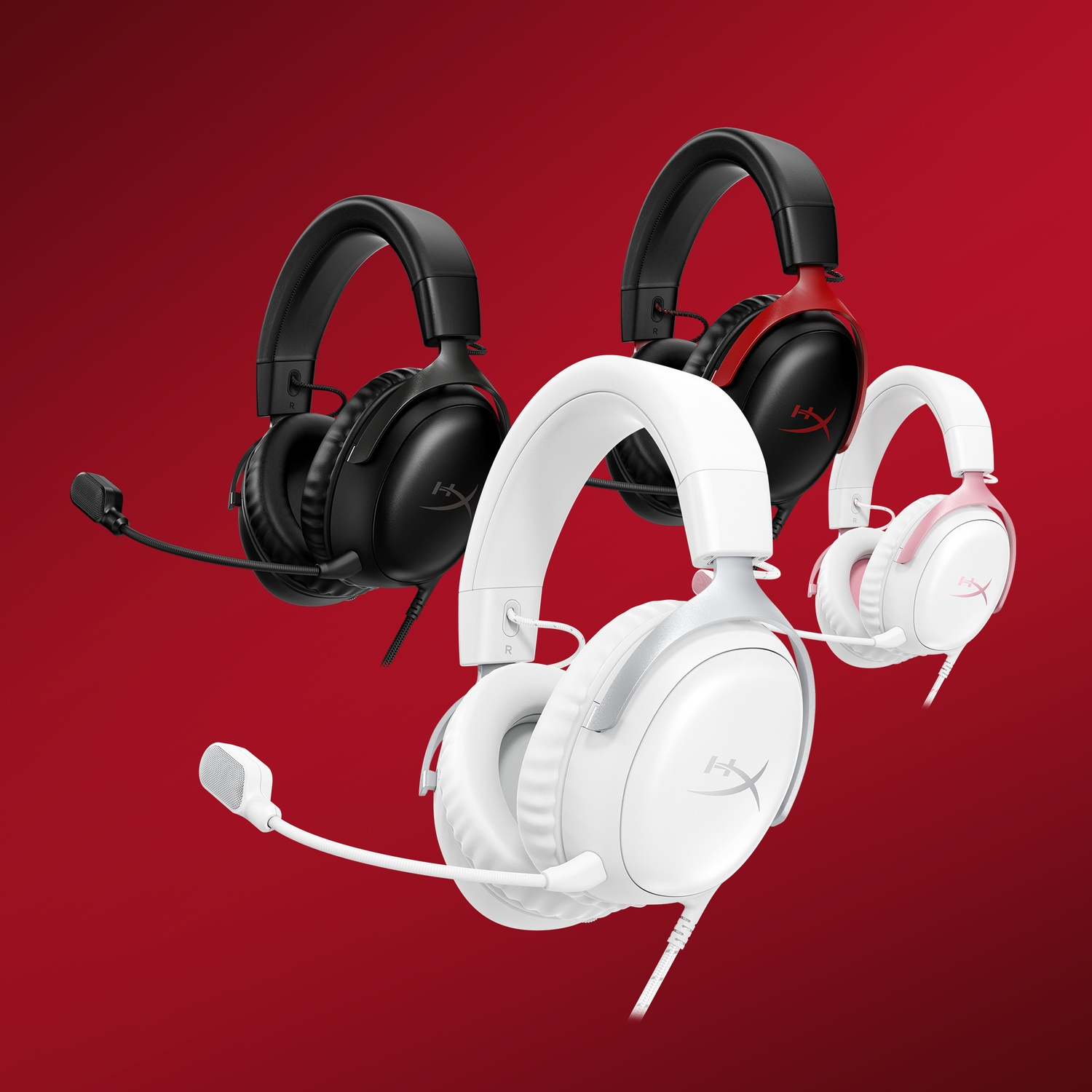 Four HyperX gaming headsets in black, red, and white on a red background. Each has a microphone.
