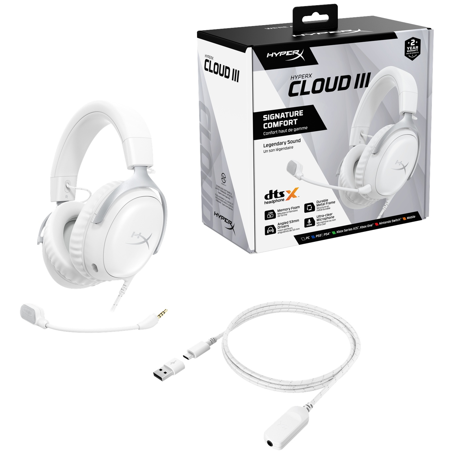 White HyperX Cloud III gaming headset with box, cable and detached microphone, all on a white background.