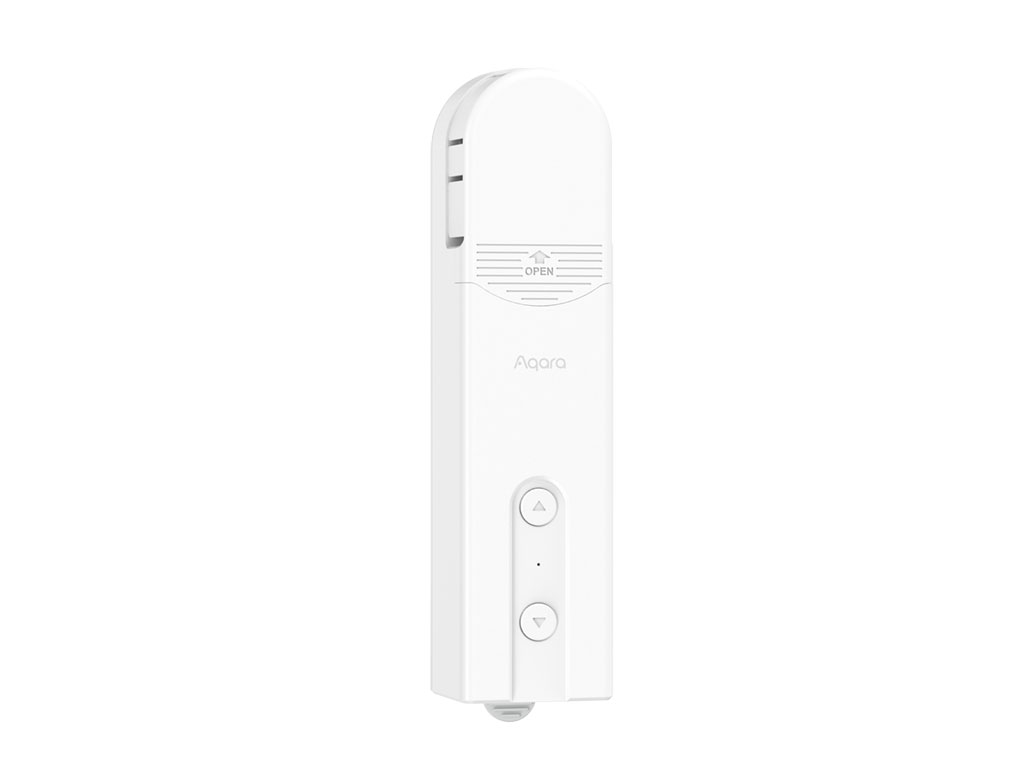 Ein weißes Aqara Smart-Home-Gerät, rechteckig mit abgerundeter Oberseite. Es hat Auf-/Ab-Tasten und eine offene Anzeige.