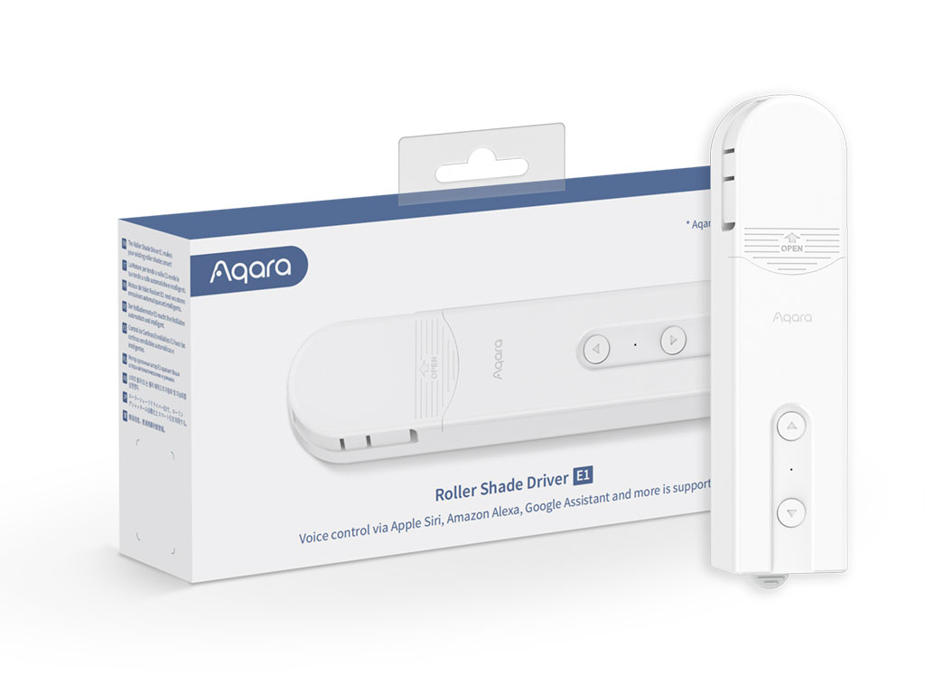 Weiße Aqara Roller Shade Driver E1 Box und Gerät. Text sagt Sprachsteuerung über Siri, Alexa und Google Assistant. Knöpfe sind sichtbar.