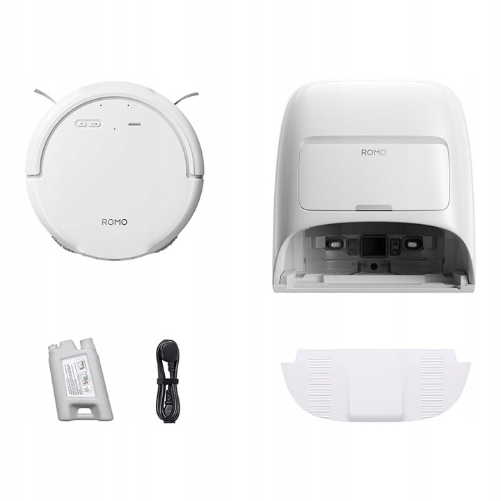 Biały odkurzacz robot Romo, stacja ładująca, bateria i przewód zasilający na białym tle. Komponenty są izolowane.