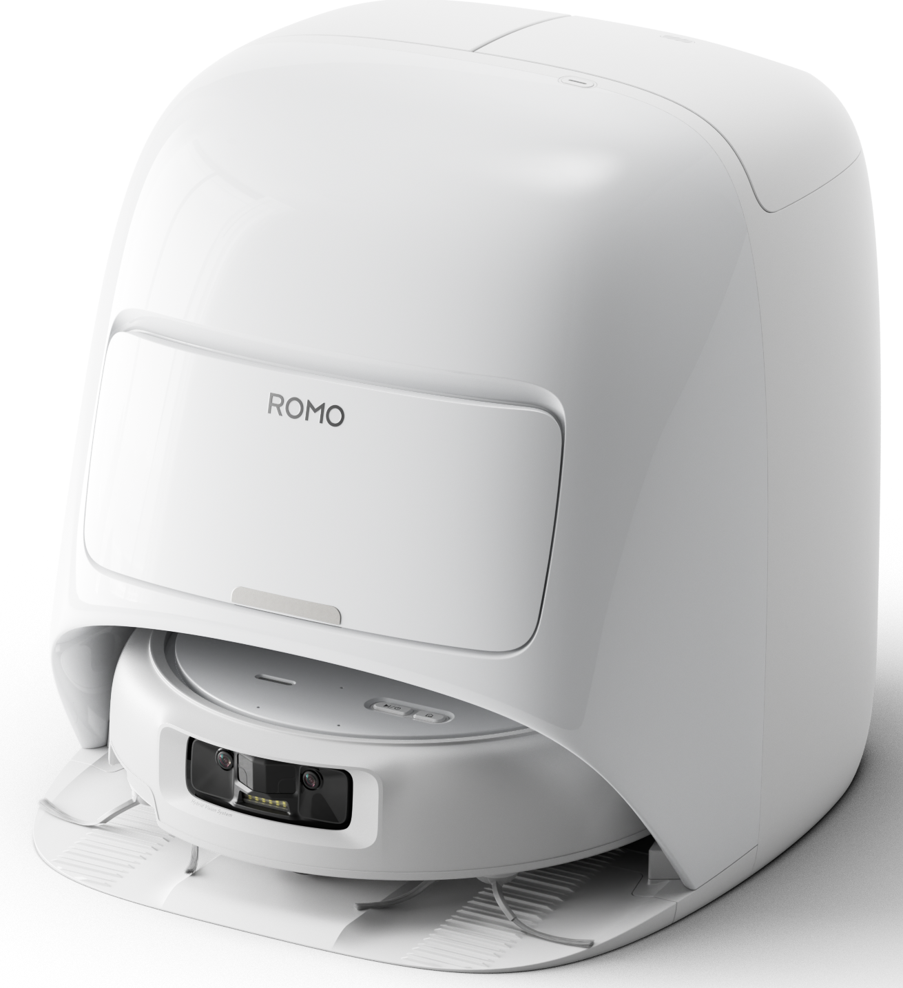 Biały robot odkurzający Romo. Ma zaokrągloną konstrukcję z obudową ochronną i przednim aparatem.