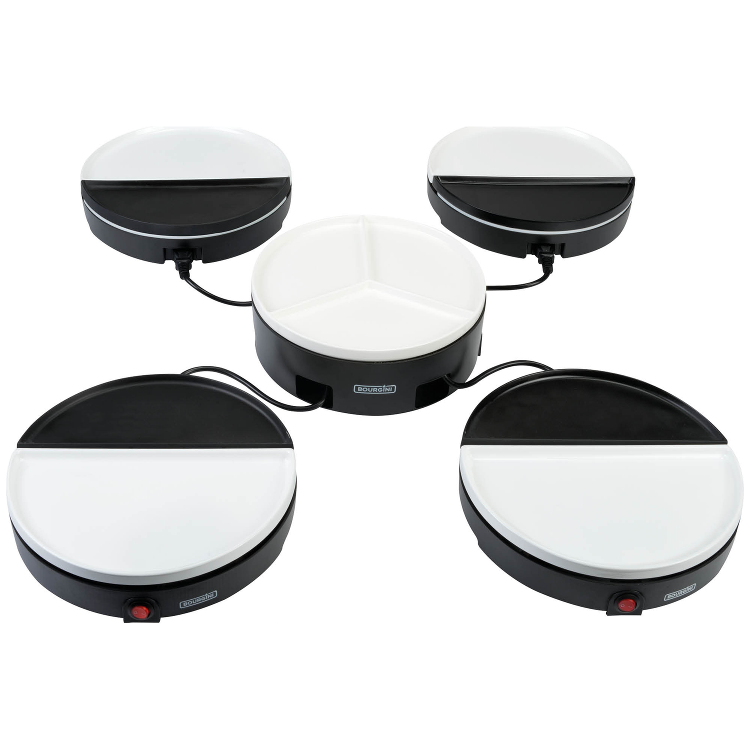 Een Bourgini crêpe maker met vijf secties. Vier ronde, tweekleurige platen omringen een centrale, uit drie secties bestaande plaat.