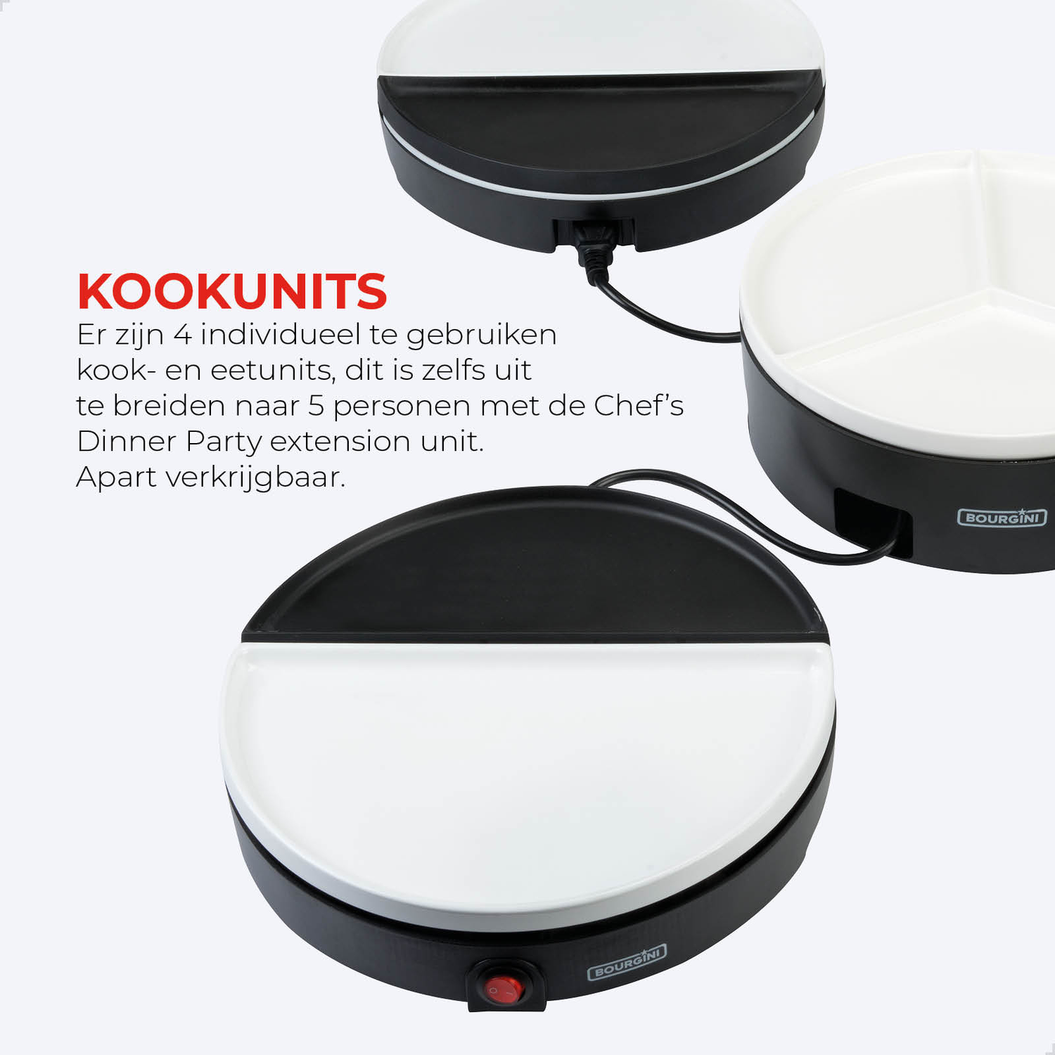 Drie zwart-witte kookunits. Elk heeft een wit oppervlak en een zwarte halve cirkel. De merknaam is Bourgini.