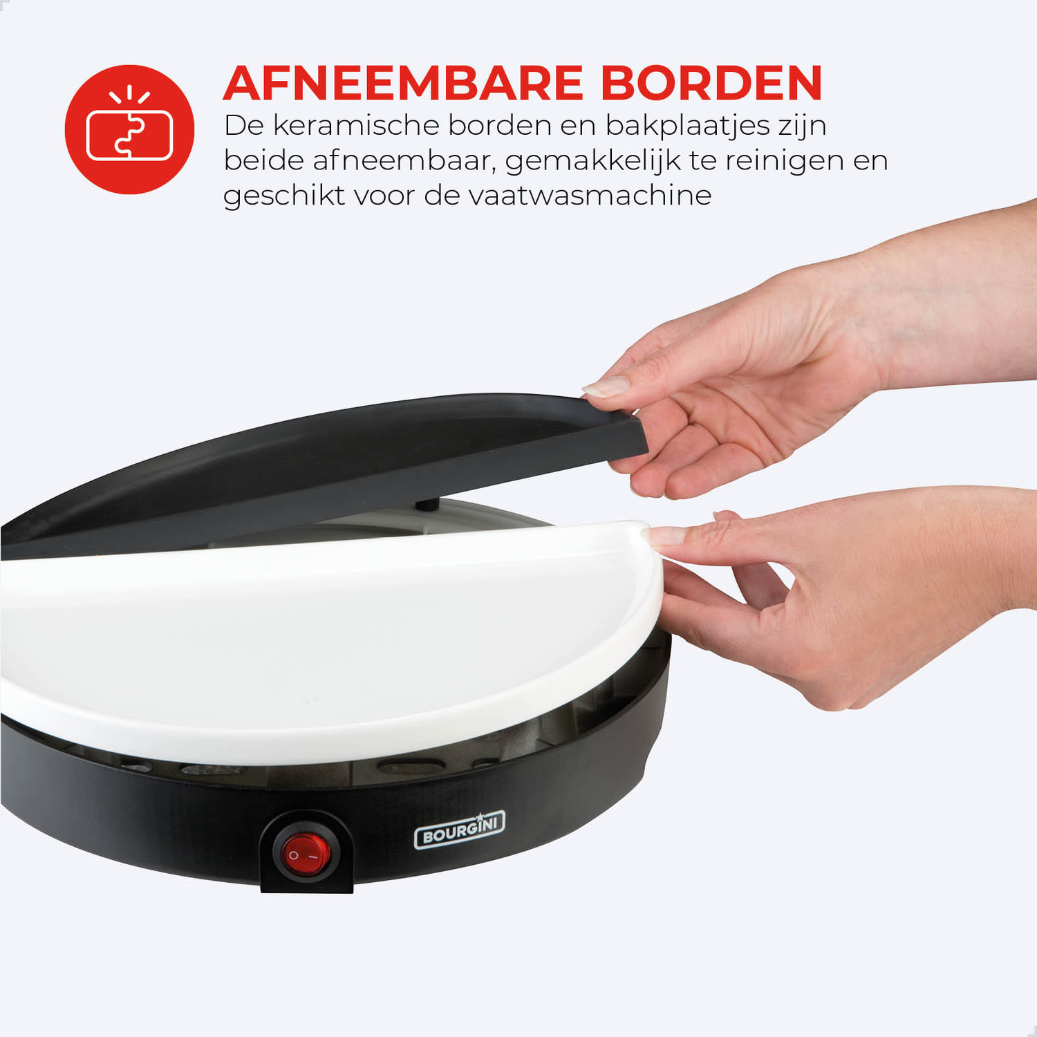 Handen verwijderen een witte plaat van een zwart apparaat. Het apparaat heeft een rode knop en de merknaam 'BOURGINI' is zichtbaar.