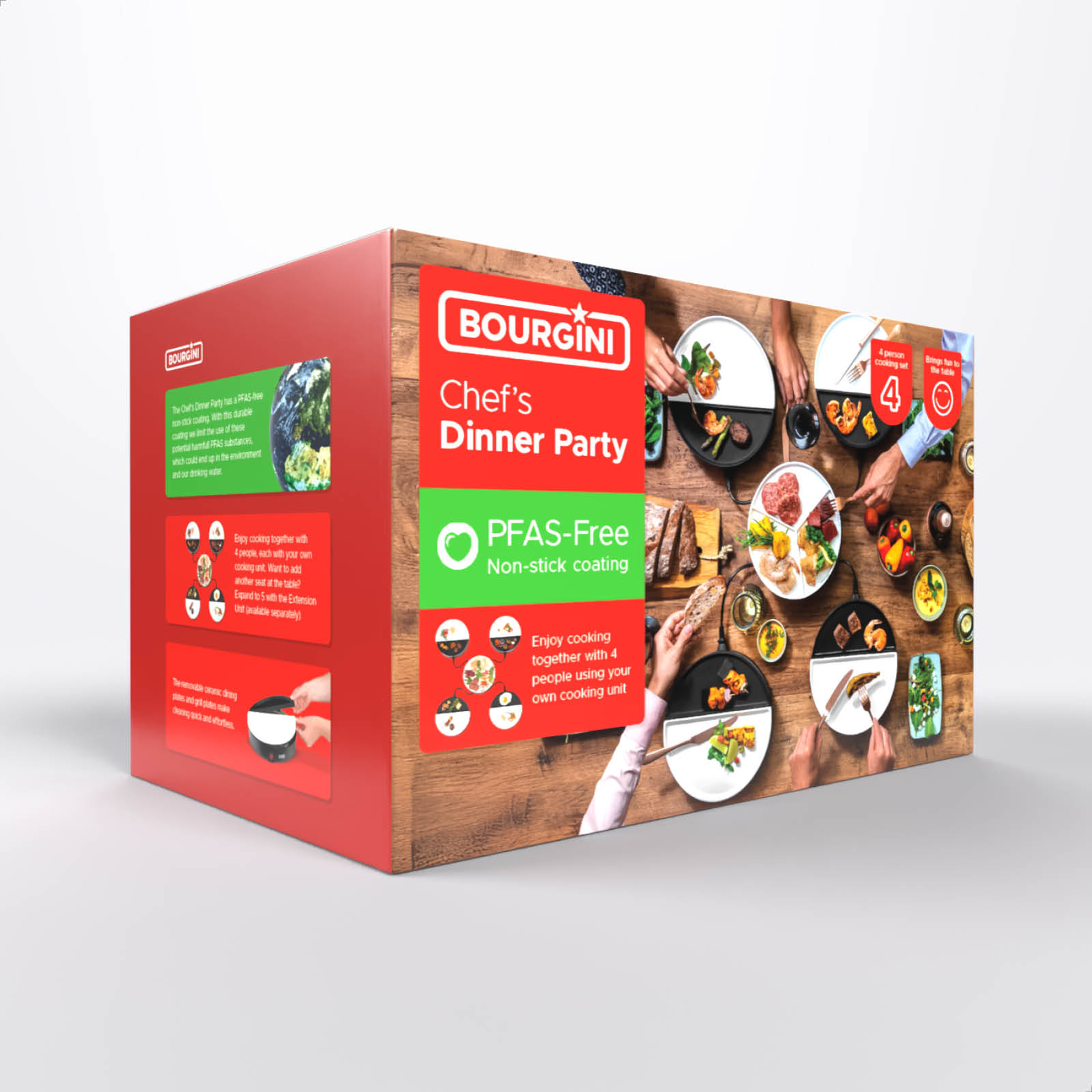 Box art voor Bourgini Chef's Dinner Party. Toont eten op borden en handen die keukengerei gebruiken. De doos is rood en bruin.