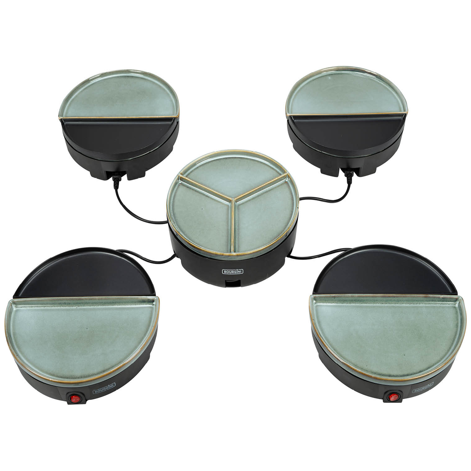 Een ronde elektrische grill met meerdere kookoppervlakken. Elk oppervlak is verdeeld in zwarte en lichtgroene secties.