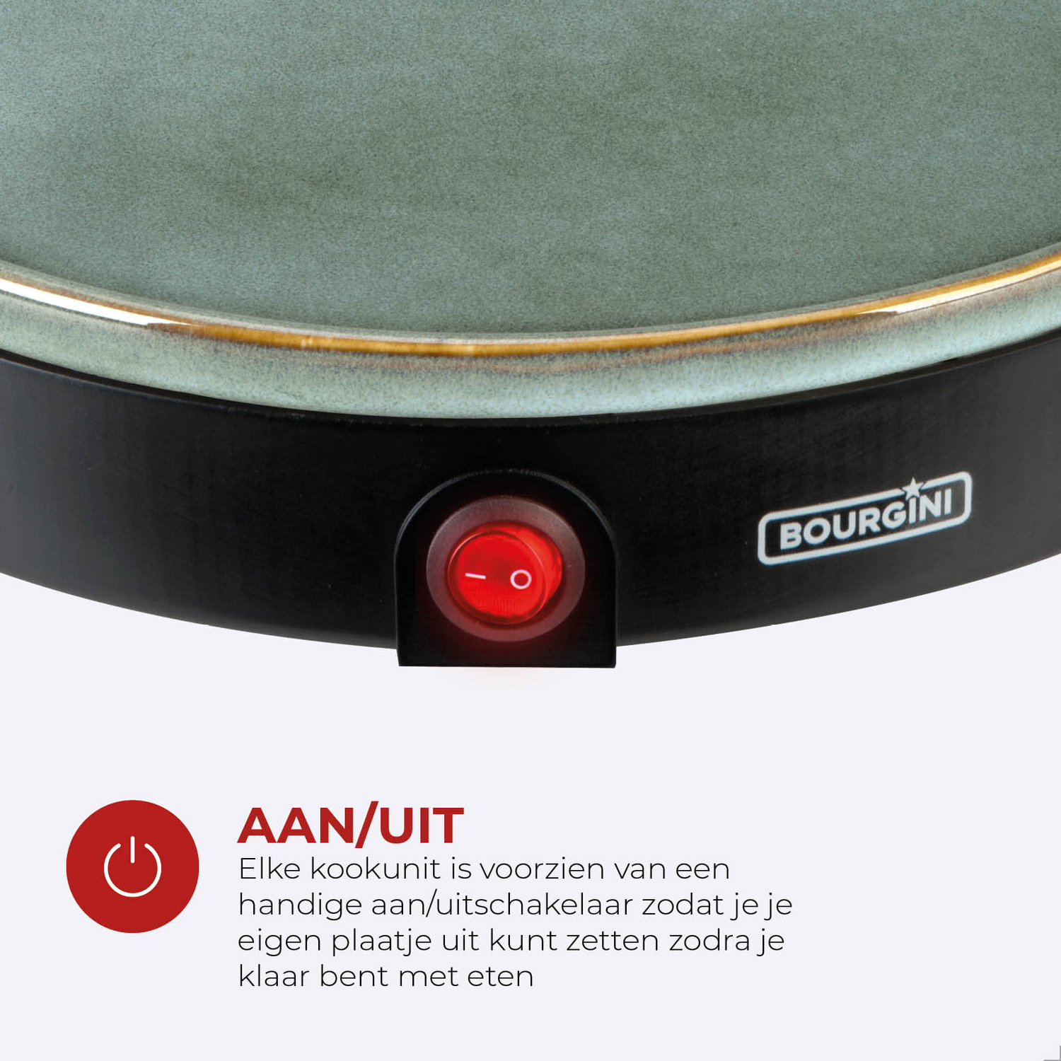 Close-up van een bakplaat met een rode aan/uit-knop. De bakplaat is zwart met een groen kookoppervlak en de merknaam Bourgini.