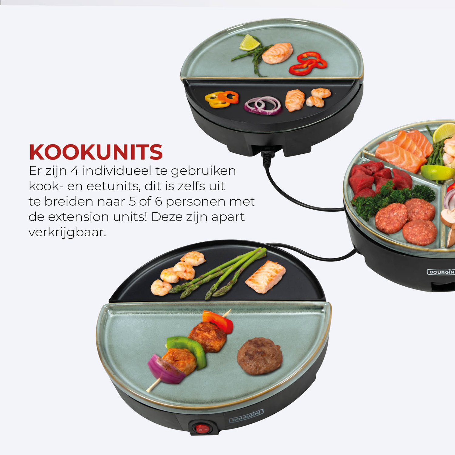 Elektrische kookunits met diverse voedingsmiddelen zoals zalm, garnalen en groenten. Voorzien van een kookoppervlak en serveerplaten.
