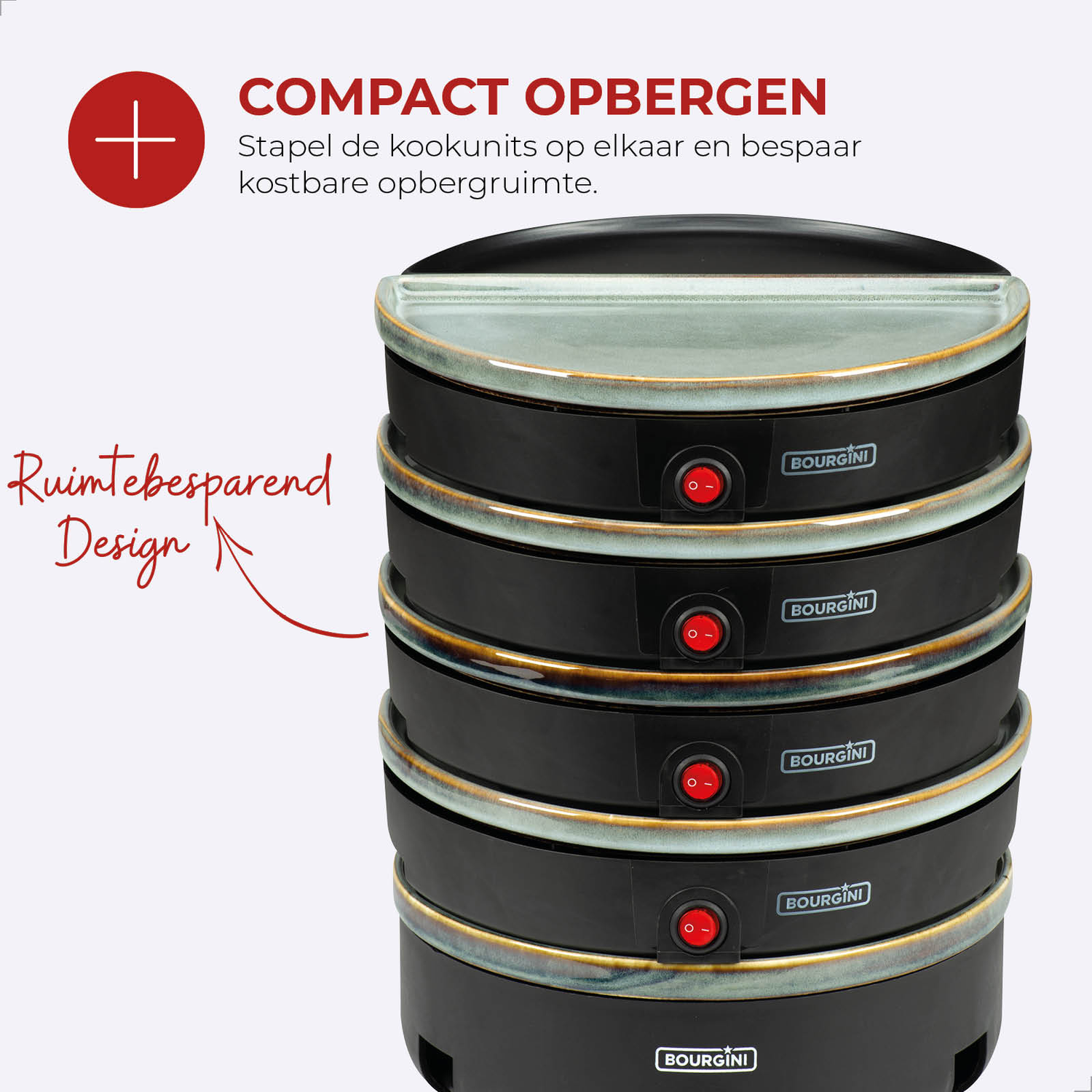 Stapelbare zwarte kookunits met rode knoppen. Tekst: 'Compact opbergen' en 'Ruimtebesparend ontwerp'. Merk Bourgini.
