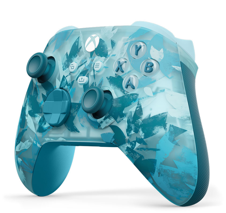 Kontroler Xbox z niebiesko-białym abstrakcyjnym wzorem. Posiada przyciski, joysticki i logo Xbox na białym tle.