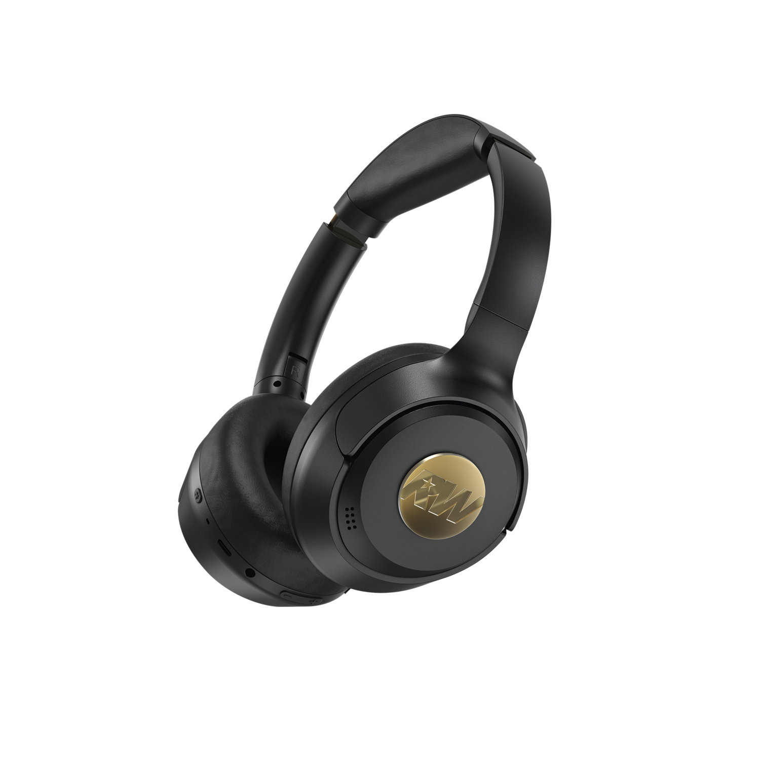 Zwarte koptelefoon met gouden logo op zwarte achtergrond. De koptelefoon is draadloos. Het logo heeft de letters R en W.