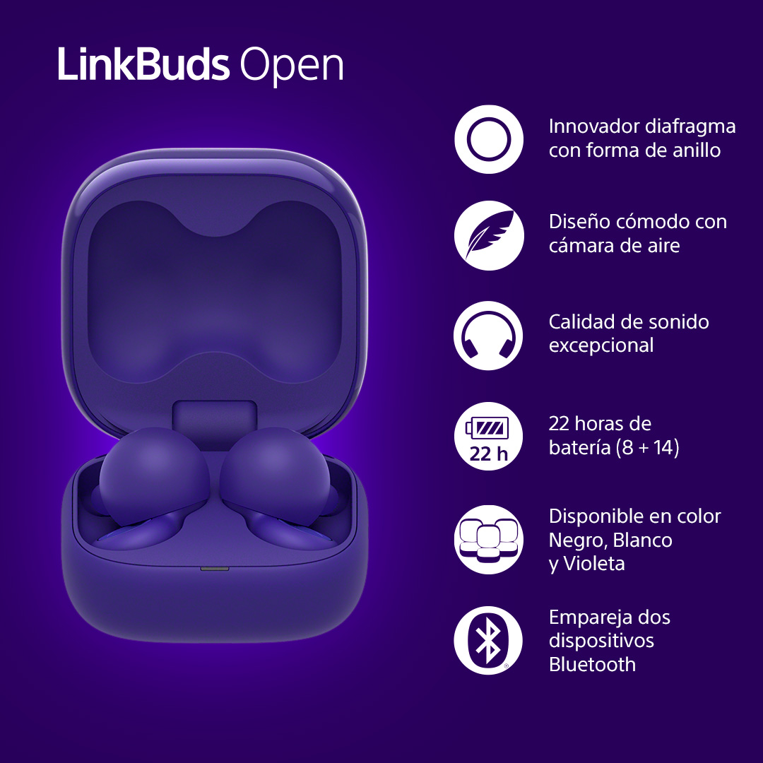 Auriculares LinkBuds Open morados en un estuche de carga. Características: diafragma en forma de anillo, diseño cómodo, sonido excepcional, 22h batería.