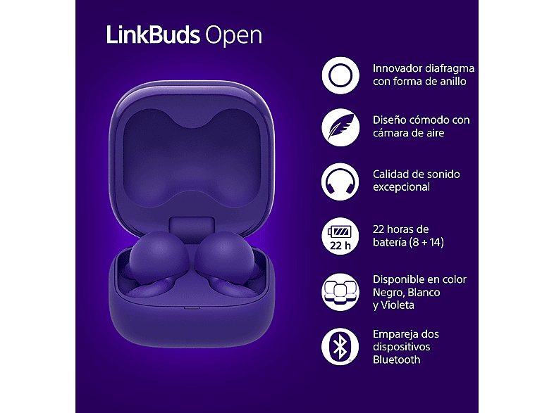 Auriculares True Wireless - Sony LinkBuds Open, Sonido Transparente, Bluetooth, 22 horas, iOS y Android, Google, Alexa, Siri, Abiertos, IPX4, Morado
