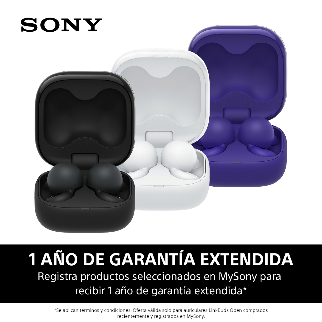 Tres estuches de auriculares abiertos: negro, blanco y morado. El logotipo de Sony es visible. El texto promueve una extensión de garantía.