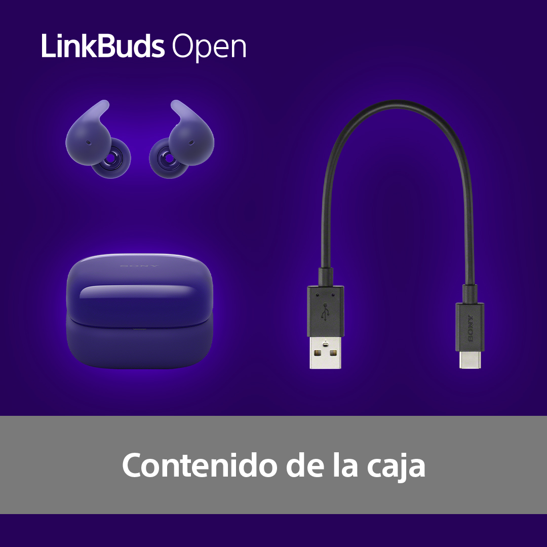 Imagen muestra auriculares morados, estuche de carga y cable USB negro sobre fondo púrpura. Texto: 'Contenido de la caja'.