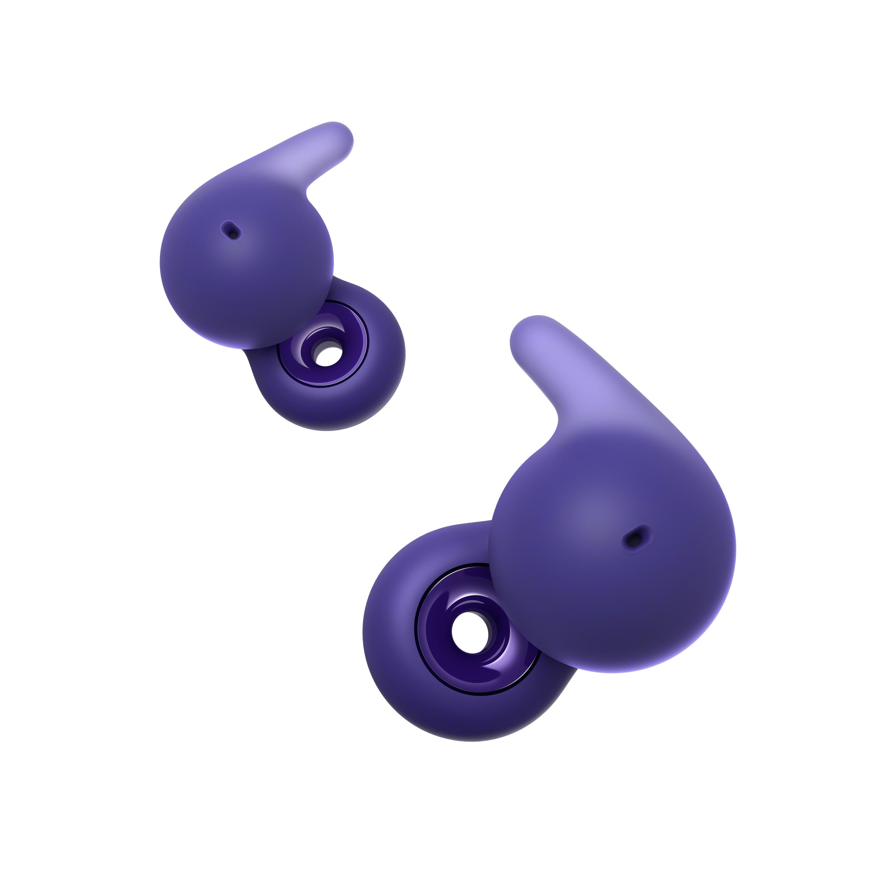 Dos auriculares morados sobre fondo blanco. Cada uno tiene una parte exterior redondeada y un interior circular.