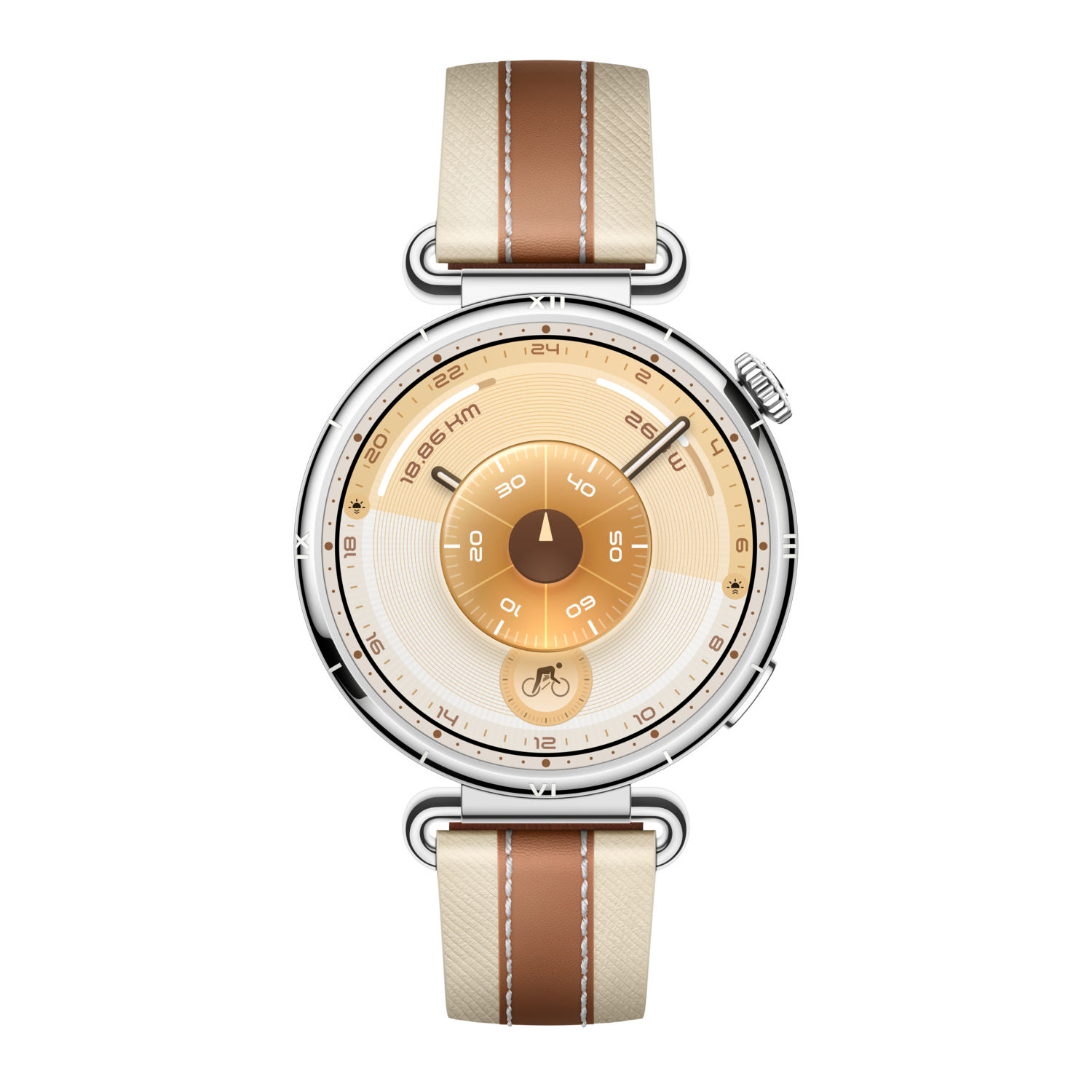 Een rond horloge met een crème en bruine band. De wijzerplaat is goud en wit, toont tijd en afstand. Zwarte achtergrond.