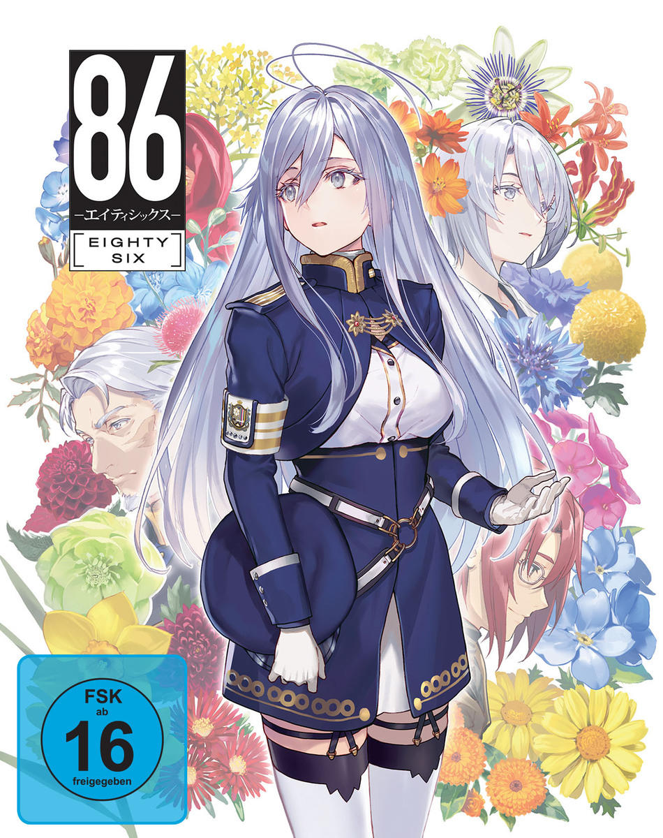 Anime-Cover zeigt eine Frau in blauer Uniform, umgeben von Blumen. Der Titel '86' ist sichtbar.