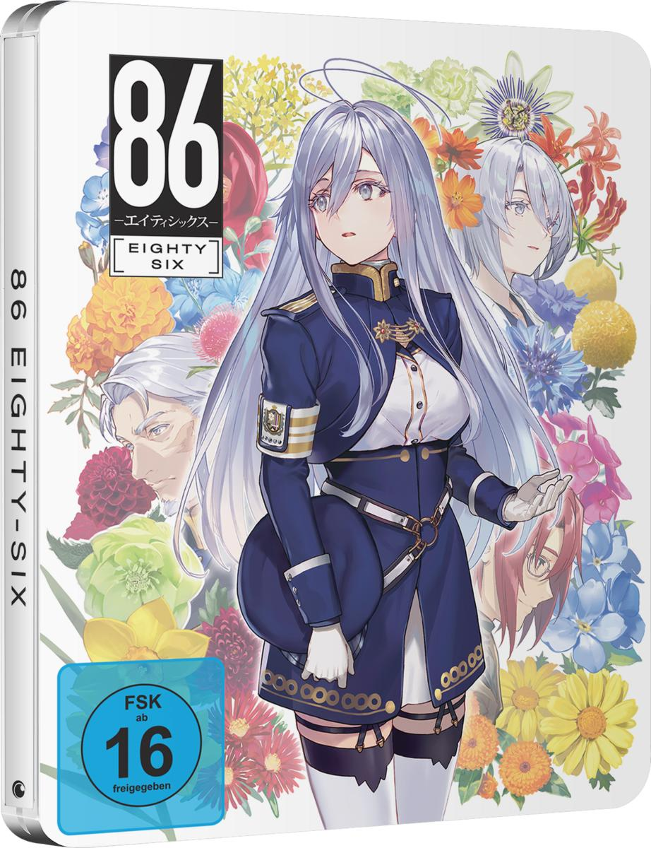 Anime-Cover mit weiblichen Charakteren, Blumen und Text: '86 EIGHTY-SIX'. Eine blaue Jacke und ein 'FSK ab 16 freigegeben' Aufkleber.