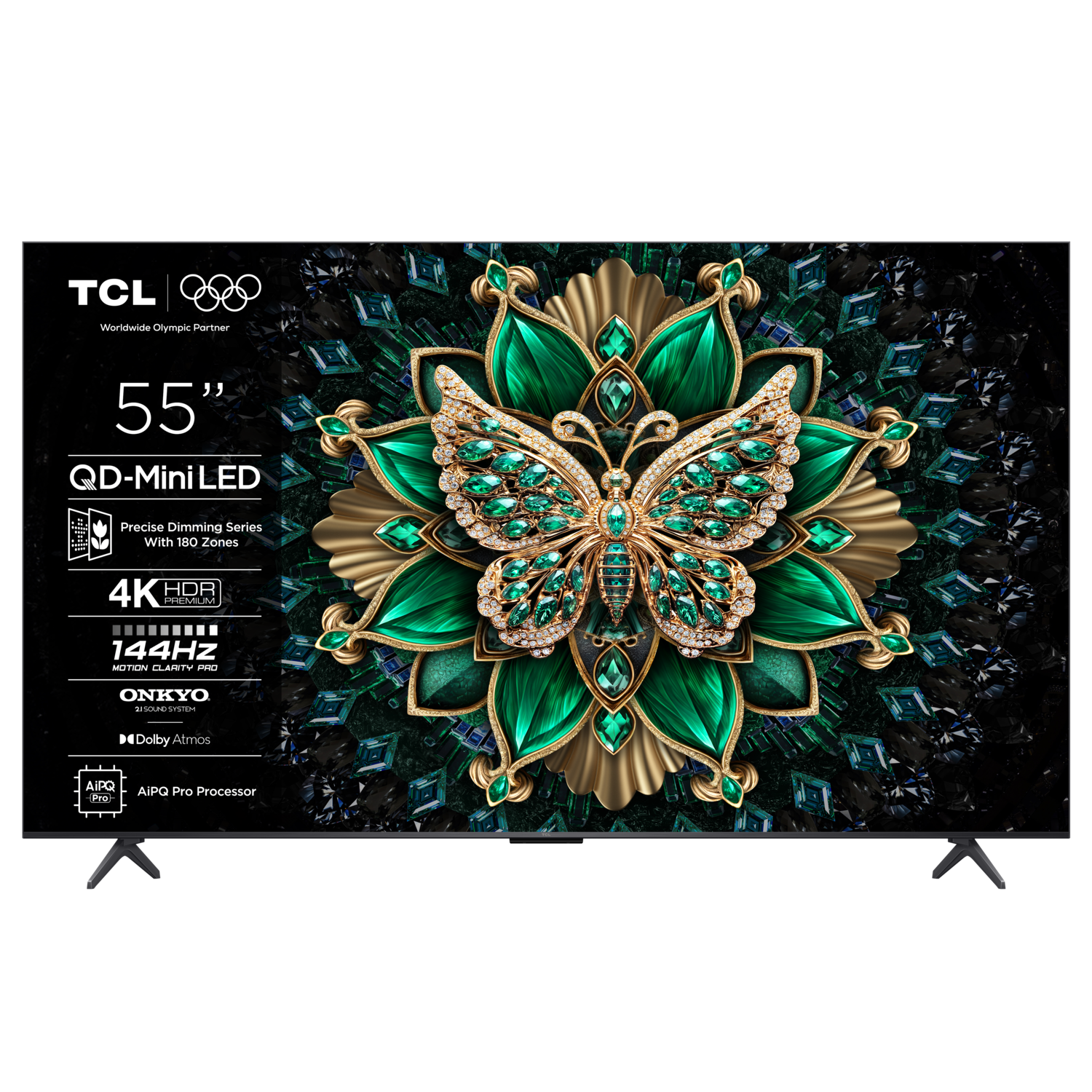 TCL 55" TV. Toont een juwelen vlinder en bloemenontwerp. Kenmerken zijn 4K HDR, 144Hz en Onkyo geluidssysteem. Wereldwijde Olympische partner.