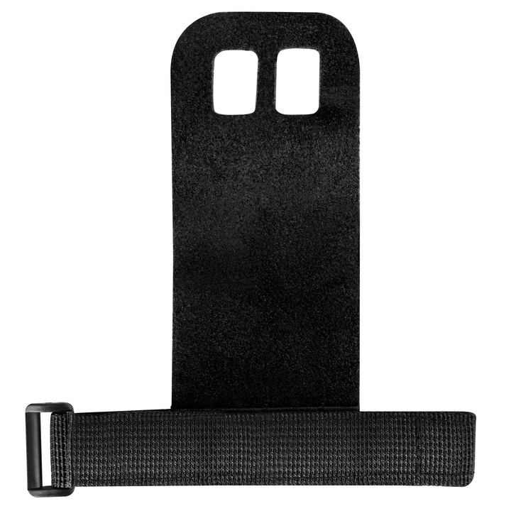 Czarny uchwyt gimnastyczny. Posiada pętlę, dwa otwory na palce i pasek na nadgarstek z klamrą. Izolowany na białym tle.