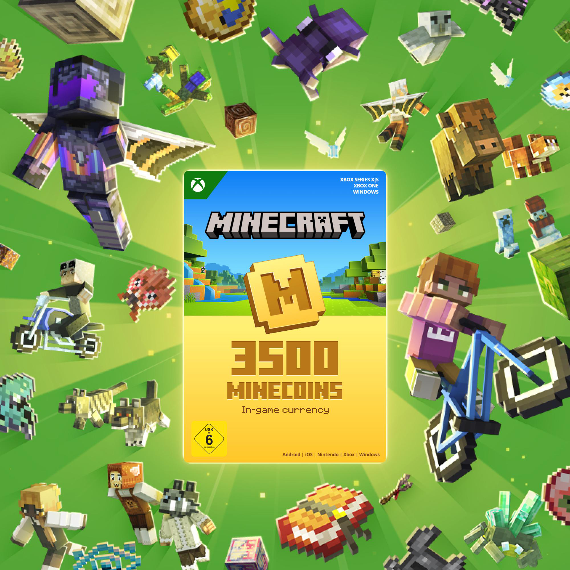 Minecraft-Spielbox mit Charakteren und einer goldenen Münze. Enthält Text: 3500 Minecoins.