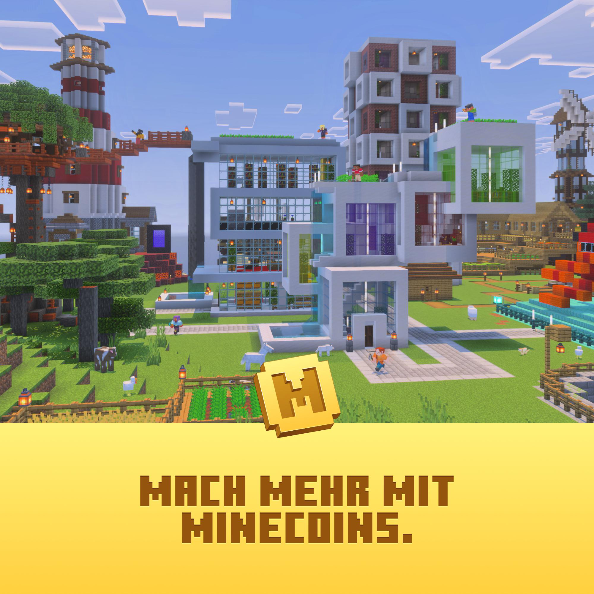 Minecraft-Szene mit Gebäuden, Figuren und einer Goldmünze. Text lautet 'MACH MEHR MIT MINECOINS.'
